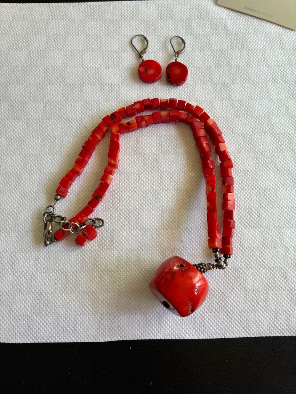 Red Beaded Necklace and Pendant with Earrings Set - Women's Jewelry